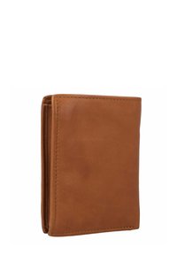 Braune Lederbörse mit glatter Oberfläche, im Bi-Fold-Design und ausgeprägten Nähten. Bietet eine kompakte Form und ist in einer einheitlichen Farbe gehalten.