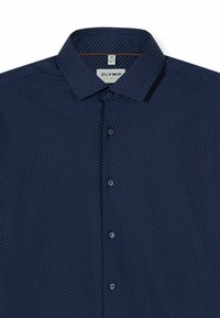 Navy blue button-up shirt with a small dot pattern, featuring a classic collar, five buttons down the front, and a textured fabric finish.
