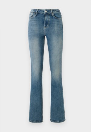 Lyse blå denim flared jeans med fem lommer, høy midje og sømdetaljer. Tekstilet viser en lett falmet vask og glatt tekstur.