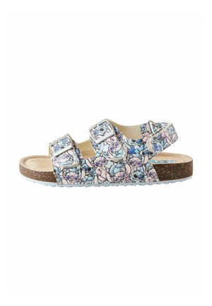 Buckle sandals with a floral pattern in pastel colors. Cork sole with a textured surface and adjustable silver buckles for fit.