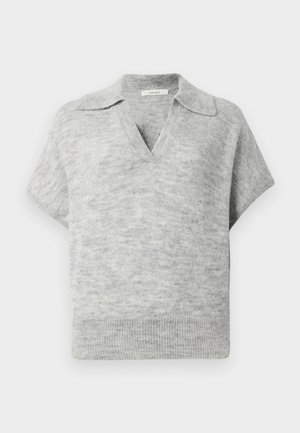 Light grey knitted short-sleeve sweater vest with a folded collar and V-neck, featuring ribbed hem and soft texture.