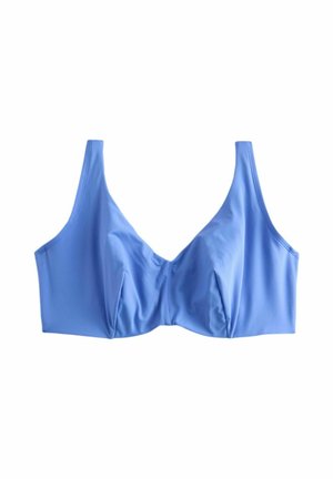 Lyseblå bh lavet af glat stof. Har brede stropper og et struktureret design med rynket detalje i midten.