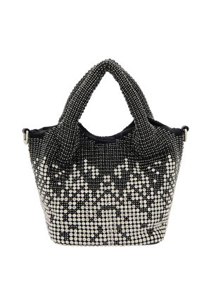 Sort og sølv perlehandtaske med dobbelte håndtag, der har en tekstureret overflade og et diamantmønster skabt af perlerne.
