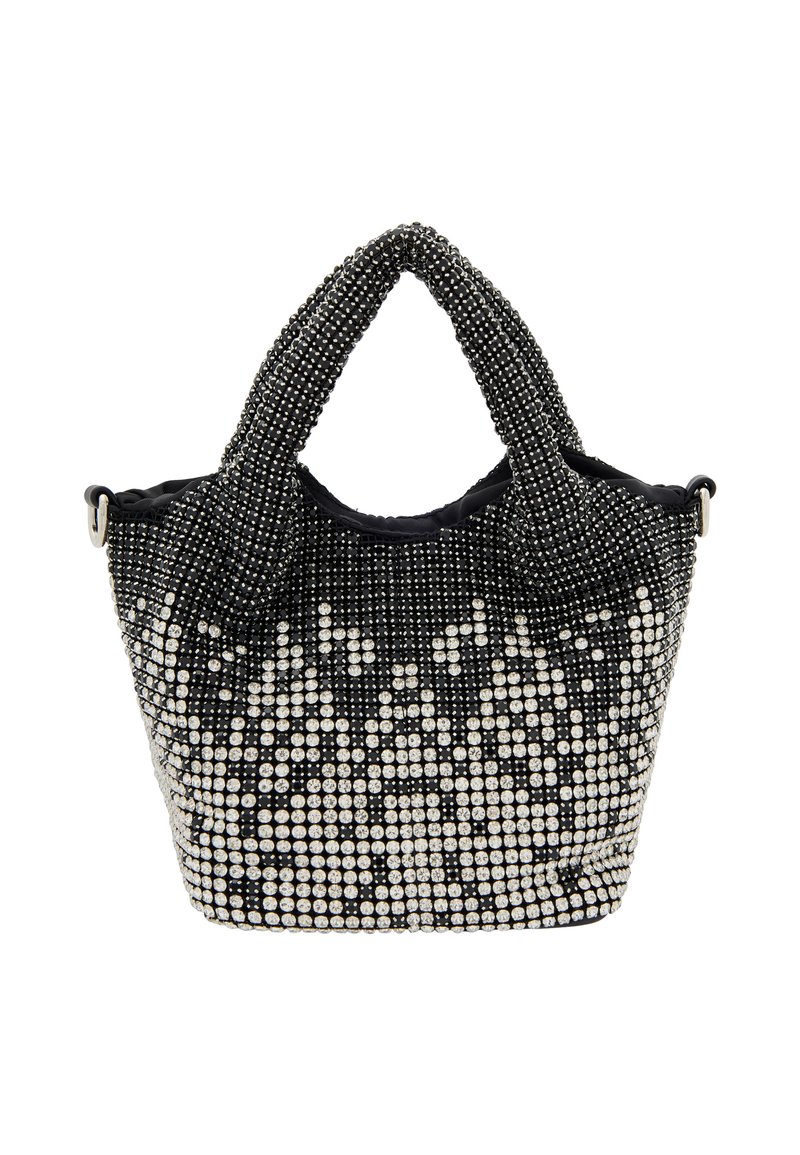 Sort og sølv perlehandtaske med dobbelte håndtag, der har en tekstureret overflade og et diamantmønster skabt af perlerne.