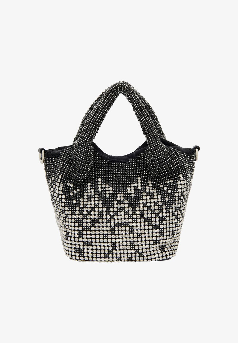Svart och silver pärlhandväska med dubbla handtag, med en texturerad yta och ett diamantmönster skapat av pärlorna.