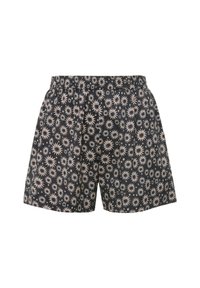 Shorts noirs avec un motif éclat de soleil blanc, taille élastique, coupe ample et texture lisse. Pas de poches ni de détails supplémentaires.