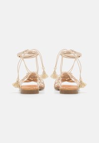 Sandali flat beige con cinturini intrecciati, lacci alla caviglia e decorazioni con nappine visti da dietro su uno sfondo bianco.