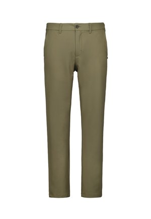 Olijfgroene broek van gladde stof, met een sluiting met voren knoop, riemlussen en taps toelopende benen voor een aansluitende pasvorm.