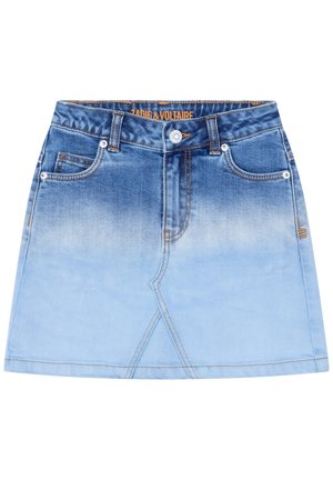 Minijupe en jean avec un dégradé du bleu foncé au bleu clair, dotée de cinq poches, d'une fermeture à boutons et de coutures contrastantes.