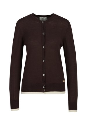 Cardigan boutonné à manches longues marron foncé avec encolure ronde et détails beige clair aux poignets et à l'ourlet.