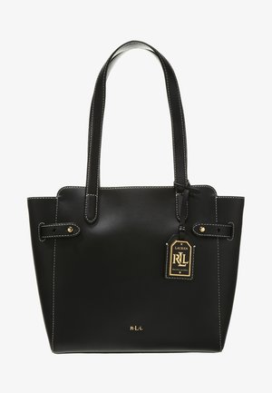 Sac cabas en cuir noir avec coutures blanches, doubles anses, et une étiquette logo Lauren Ralph Lauren rehaussée d'or avec les initiales à l'avant.