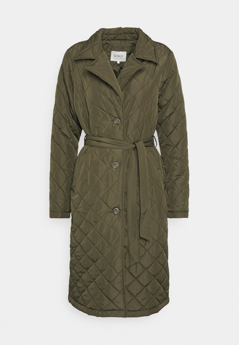 Olive green quilted coat with a pointed collar, belt, and button closure. Features a diamond pattern and long sleeves. Lightweight fabric.