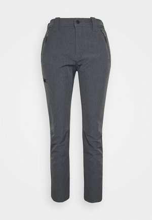 Donkergrijze slim-fit broek met ritszakken aan de voorkant, riemlussen en een klein sleufzakje op de linker dij, weergegeven tegen een effen achtergrond.