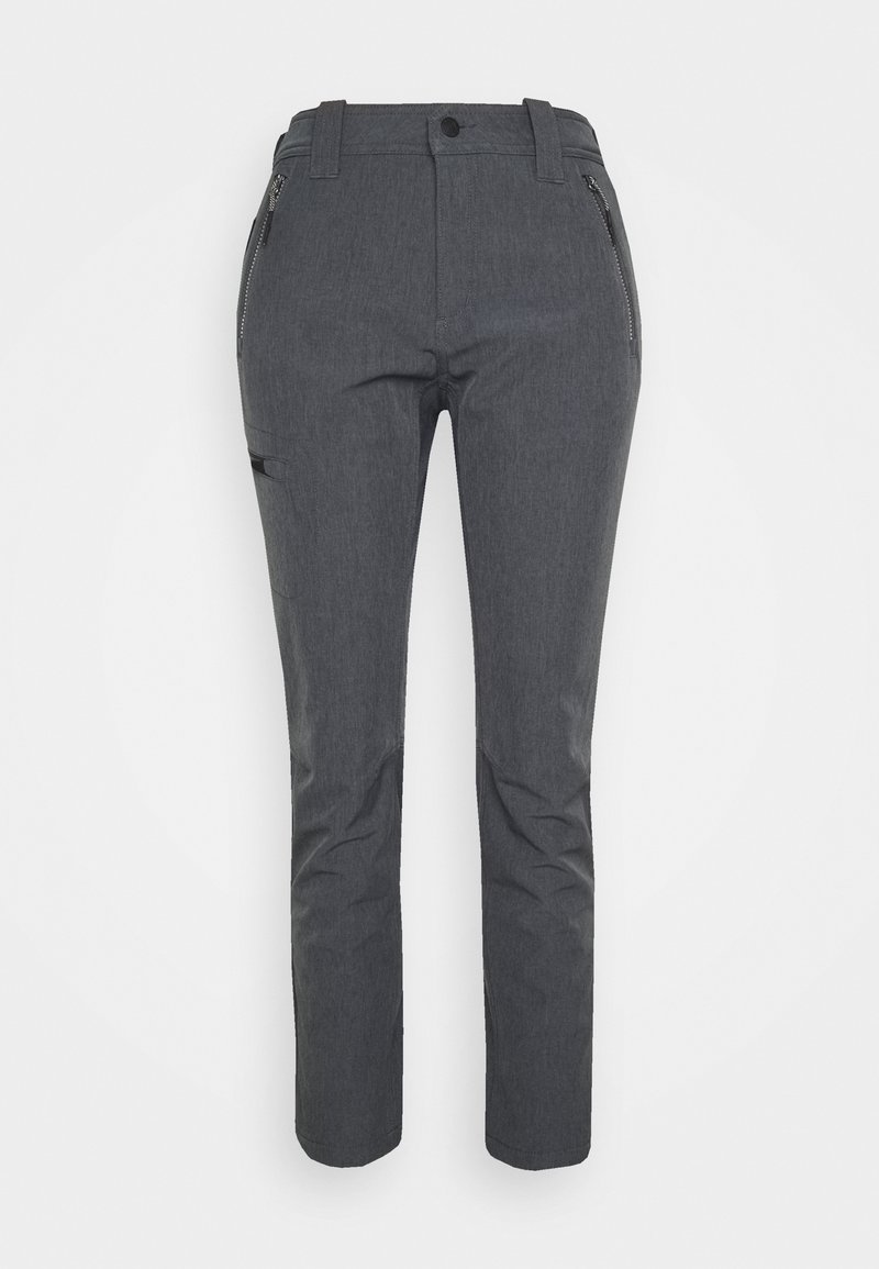 Pantalon slim gris foncé avec poches avant zippées, passants de ceinture et petite poche fendue sur la cuisse gauche, présenté sur un fond uni.