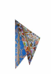 Écharpe en soie ornée de motifs floraux multicolores vibrants sur un fond bleu clair, avec des sections de bleu uni et des accents de bordure décoratifs.