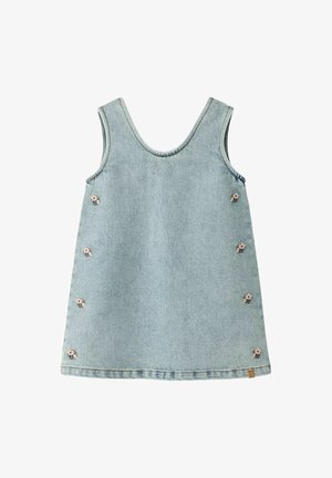 Denimkleid, hellblau, ärmellos, runder Ausschnitt. Florale Stickerei an den Seiten, gesäumte Kanten, lässige A-Linie.