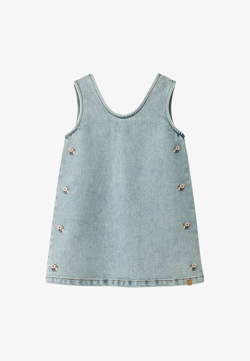 Denimkjole, lyseblå, uten ermer, rund hals. Blomsterbroderi på sidene, hemmede kanter, avslappet A-linjeform.