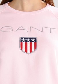 Felpa rosa chiaro con la scritta "GANT" ricamata in grigio e un logo con uno scudo caratterizzato da strisce rosse e bianche e stelle blu. Tessuto testurizzato.