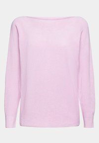 Hellrosa gestrickter Pullover mit weitem Ausschnitt, langen Ärmeln und gerippter Textur. Besitzt eine lockere Passform und ist aus weichem, leichtem Material gefertigt.
