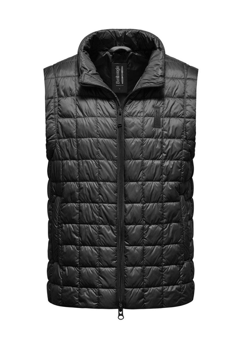 Gilet imbottito nero con motivo trapuntato, colletto alto e zipper completo. Realizzato in materiale resistente all'acqua con una texture liscia.