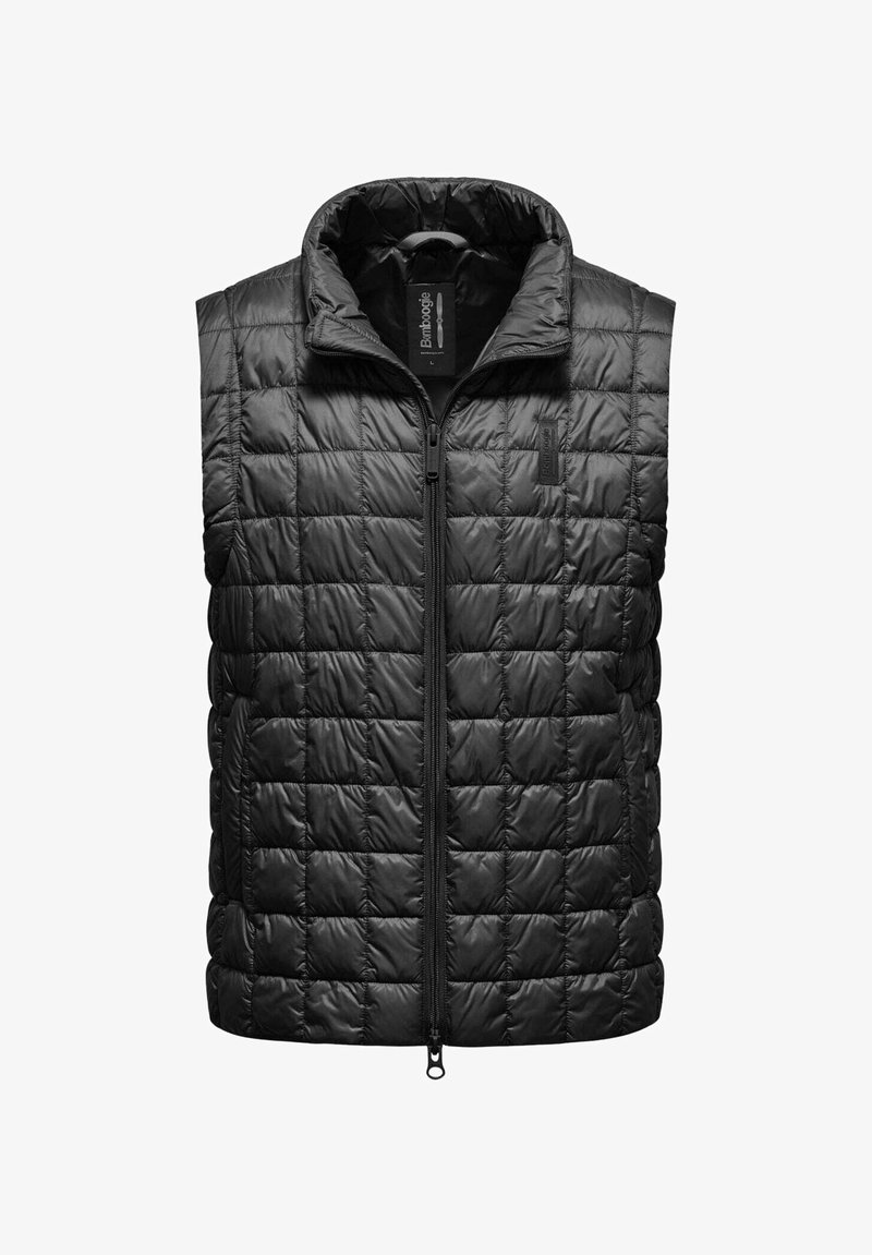 Gilet imbottito nero con motivo trapuntato, colletto alto e zipper completo. Realizzato in materiale resistente all'acqua con una texture liscia.