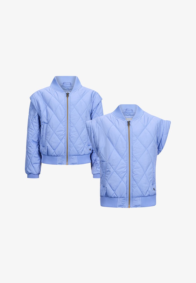 Hellblaue gesteppte Bomberjacken mit gerippten Bündchen und Kragen. Eine Jacke hat kurze Ärmel, die andere hat lange Ärmel und einen frontalen Reißverschluss.