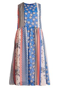 Mouwloze jurk met een mix van blauwe, roze en gestreepte patronen met bloemontwerpen en geometrische accenten, gemaakt van lichtgewicht stof.