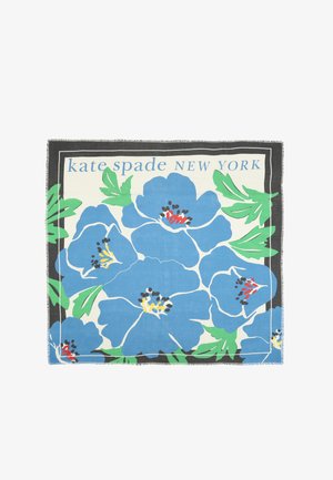 Foulard quadrato floreale blu con bordatura nera, caratterizzato da grandi fiori blu con centri neri e foglie verdi su uno sfondo crema.