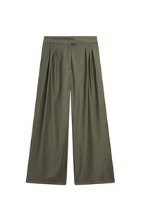 Zielone oliwkowe spodnie o wysokim stanie z szerokimi nogawkami, z zaszewkami i ukrytym zapięciem z przodu.