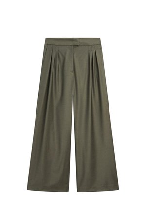 Hoge taille olijfgroene wijde broek met plooien en een verborgen sluiting aan de voorkant.