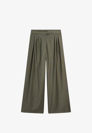 Zielone oliwkowe spodnie o wysokim stanie z szerokimi nogawkami, z zaszewkami i ukrytym zapięciem z przodu.