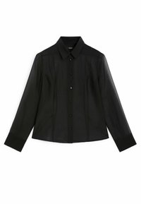 Musta, pitkähihainen paita; läpikuultavasta materiaalista, jossa on rakennettu muotoilu. Sisältää klassisen kauluksen, nappisulkemisen ja käärityt hihat.