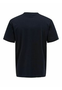 Schwarzes Baumwoll-T-Shirt, kurze Ärmel, Rundhalsausschnitt, normale Passform. Glatte Textur mit schlichtem Design und ohne sichtbare Logos oder Muster.