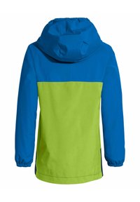Chaqueta infantil en azul y verde brillante. Cuenta con una capucha, puños elásticos y un diseño a bloques de color con textura de tela suave.