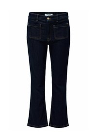 Jeans de mezclilla azul oscuro con bolsillos frontales, cierre de botón y cremallera, corte recto y ligera campana en el dobladillo.