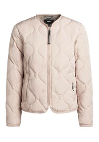 Light pink quilted jacket with a round collar, full zip closure, side pockets, and a smooth, padded surface featuring a wave pattern.
