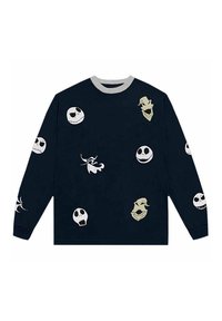 Navy long-sleeve sweatshirt featuring various skull and ghost designs, with gray ribbed collar, made of soft fabric.