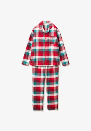 Set di pigiama in flanella a quadri rossi, grigi, bianchi e turchesi, composto da una camicia con bottoni e tasca e pantaloni coordinati.