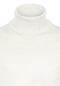 Jersey de cuello alto en beige claro, hecho de tejido acanalado, con un cuello alto y una textura suave. Sin patrones ni adornos.