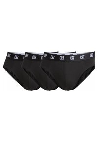 Tre paia di slip in cotone nero con una morbida vita elastica bianca riportante il logo "CR7". Forma classica degli slip, texture liscia.