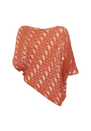 Open-knit poncho in rust orange, featuring a loose, asymmetric design with a wide neckline and textured pattern throughout.