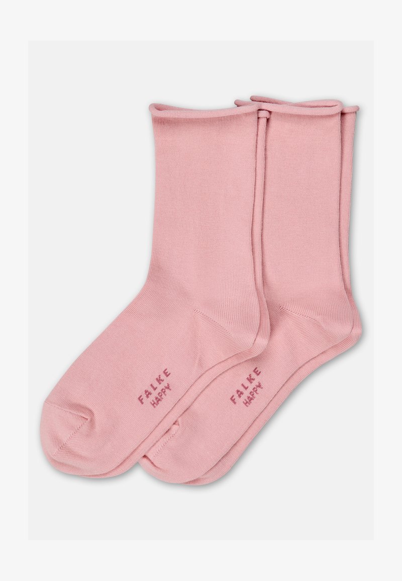 Zwei Paare rosa Crew-Socken mit "FALKE HAPPY"-Aufdruck nahe den Zehen, auf einem einfarbigen hellen Hintergrund dargestellt.