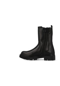 Zwarte leren enkellaars met een zijklep, rubberen zool met profiel, een gladde textuur en minimale stikseldetails.