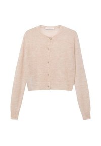 Kurzärmelige, gekürzte Strickjacke in weichem, beigen Strick. Mit rundem Ausschnitt, Knopfleiste vorne und geripptem Saum. Glatte Textur.