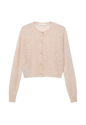 Kurzärmelige, gekürzte Strickjacke in weichem, beigen Strick. Mit rundem Ausschnitt, Knopfleiste vorne und geripptem Saum. Glatte Textur.