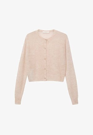 Kort vest met korte mouwen, cropped, in zachte beige stof. Voorzien van een ronde halslijn, knoopsluiting aan de voorkant en een geribde zoom. Soepele textuur.