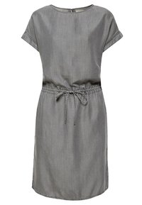 Robe grise longueur genou avec manches courtes retroussées, encolure ronde et taille à cordon.
