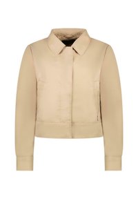 Beige cropped jack met een kraag, lange mouwen, twee voorkeepockets en een gladde textuur. Heeft een minimalistisch ontwerp en strakke lijnen.