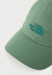 Green cotton cap featuring an embroidered teal logo of The North Face, structured design with a curved brim and reinforced stitching.