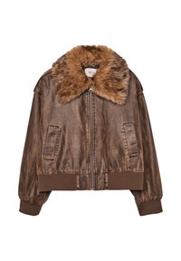 Giacca bomber marrone con colletto in pelliccia sintetica, chiusura con zip e polsini elastici. Presenta due tasche laterali e una texture leggermente lucida.